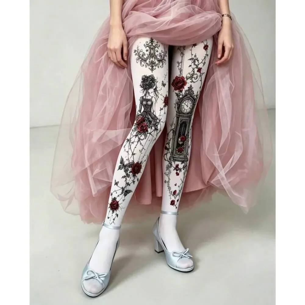 NWT Antique Clock Floral Butterfly Gothic Fairy Print Tights